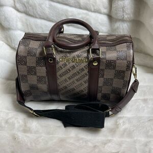 Steve Madden khaki and brown monogram Boston bag with detachable shoulder bag